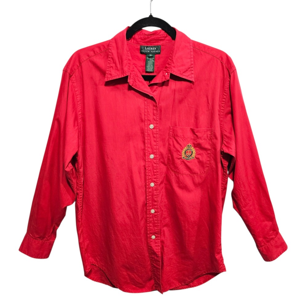 Vtg 90s Lauren Ralph Lauren Red Long Sleeve Button-Up Top Shirt Size 10 Cotton